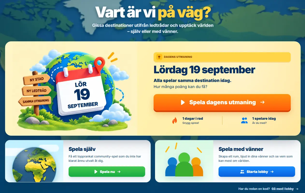 The Route Games startsida med Dagens utmaning för lördag 19 september