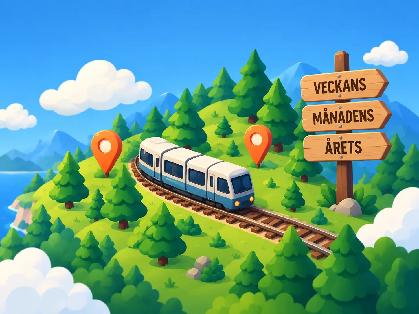 Illustrerat tåg bredvid skyltar för veckans, månadens och årets topplistor