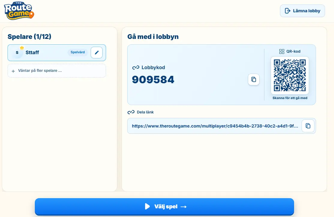 Multiplayer-lobby med spelare, sexsiffrig PIN-kod, QR-kod och delningslänk