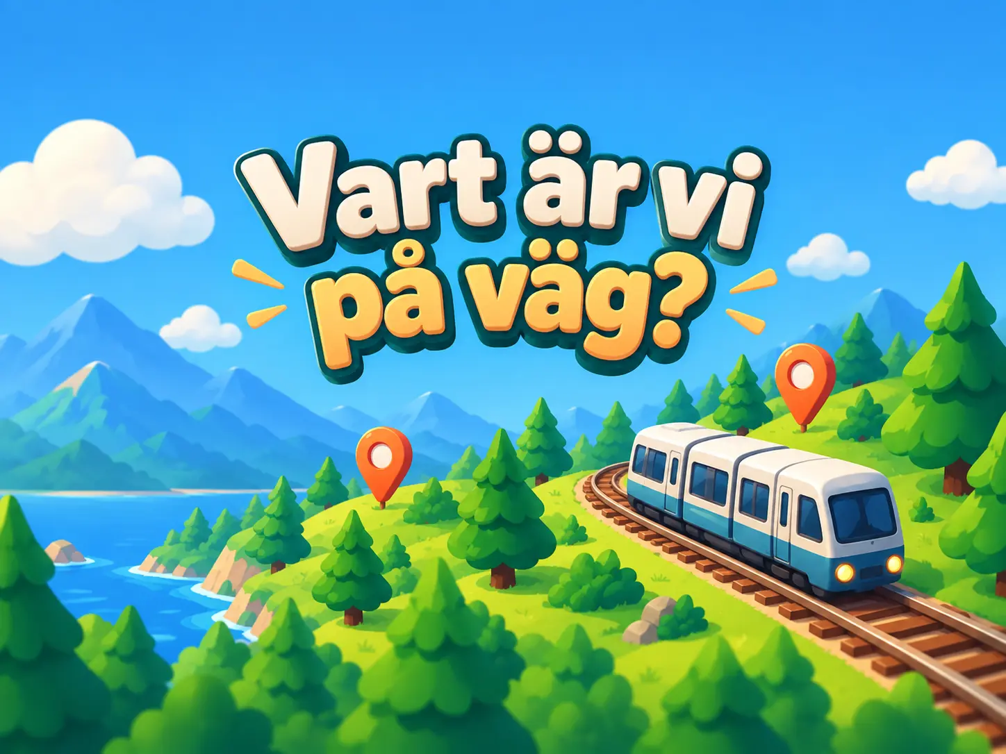 Illustrerat tåg i ett grönt landskap med texten Vart är vi på väg?